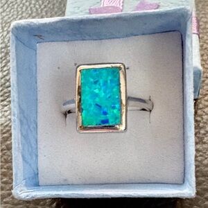 Sterling Silver Rectangular Blue Opal-Inlay Ring - Women Jewelry